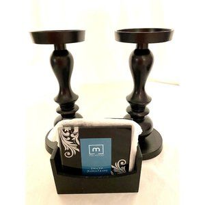 Vintage 9”x4” Wooden Candlestick Pair and Four Photo Glass Coasters in Holder